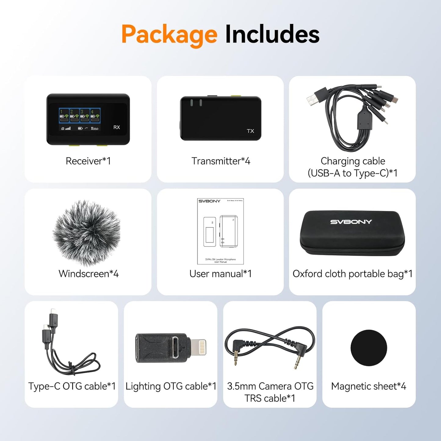 Sistema de 4 micrófonos de solapa inalámbricos, Compatible con iPhone, Android, Camera