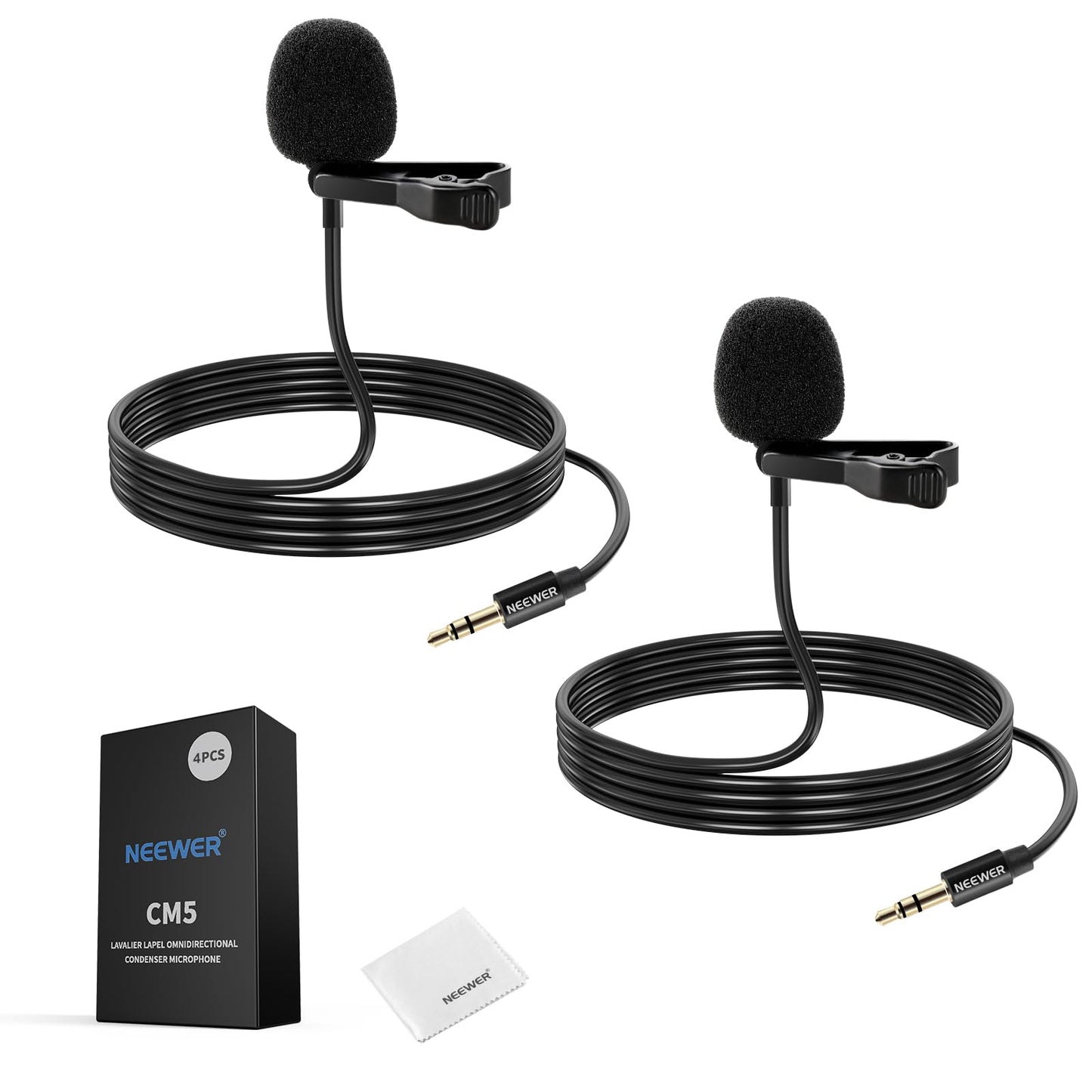 Micrófonos de solapa NEEWER CM5 (2 Cables), 3.9ft/1.2m - Omnidirectional Condenser 3.5mm