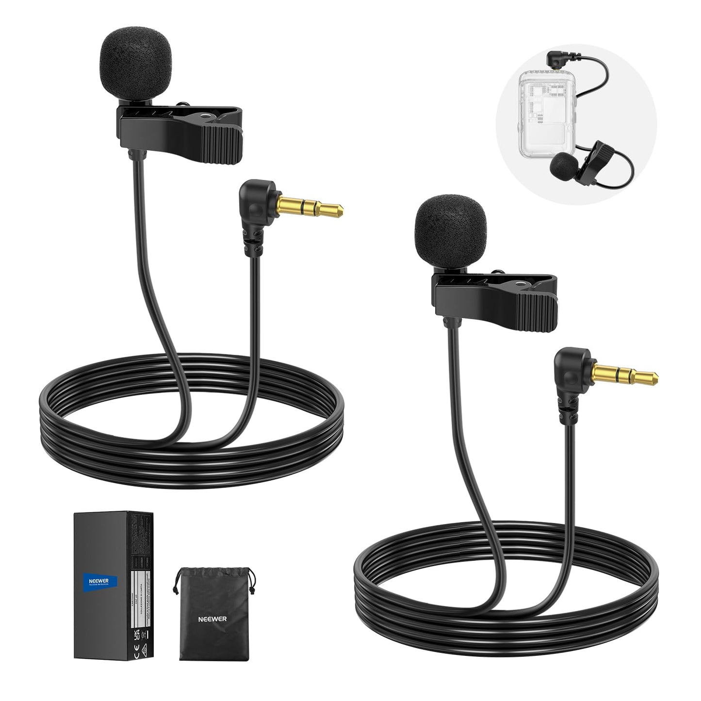 Micrófonos de solapa NEEWER CM5 (2 Cables), 3.9ft/1.2m - Omnidirectional Condenser 3.5mm