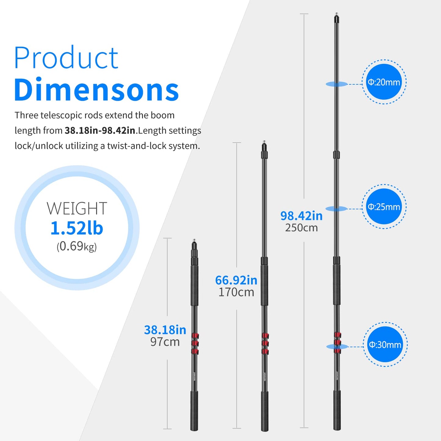 NEEWER NW-7000 Microphone Boom Arm Pole - Extendible de 3/8" a 5/8"