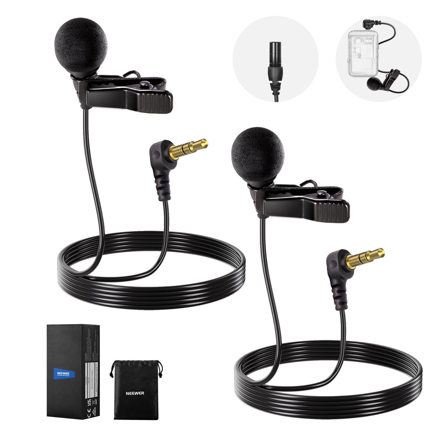Micrófonos de solapa NEEWER CM5 (2 Cables), 3.9ft/1.2m - Omnidirectional Condenser 3.5mm