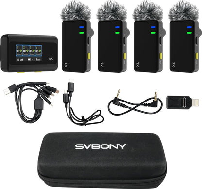 Sistema de 4 micrófonos de solapa inalámbricos, Compatible con iPhone, Android, Camera