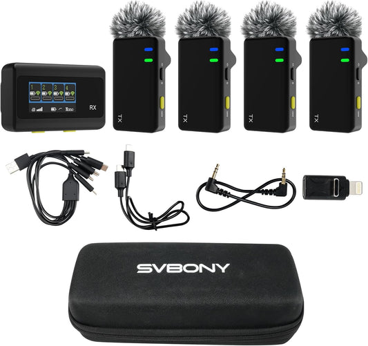 Sistema de 4 micrófonos de solapa inalámbricos, Compatible con iPhone, Android, Camera