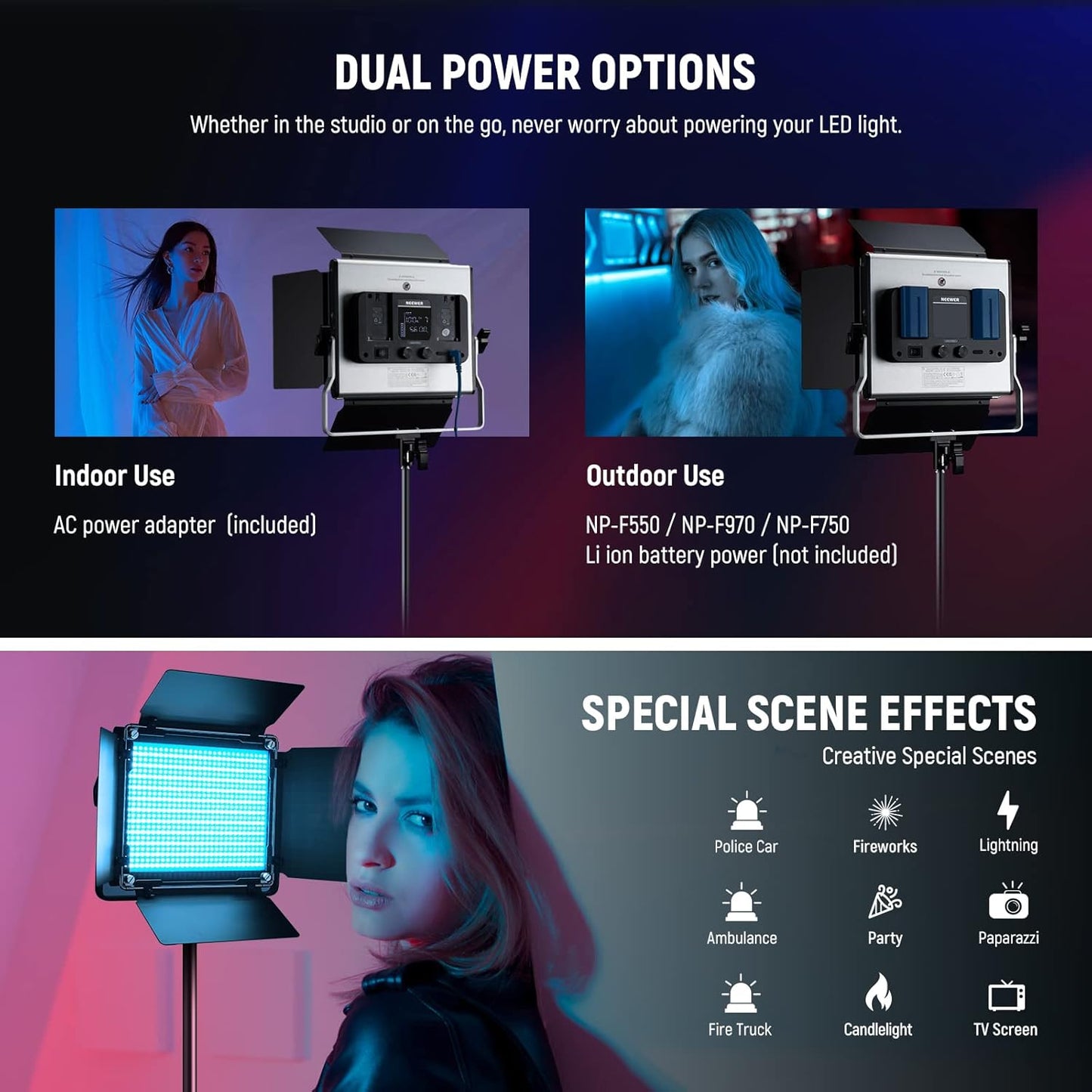 Luces LED NEEWER Upgraded 660 PRO II RGB con App Control & Tripodes