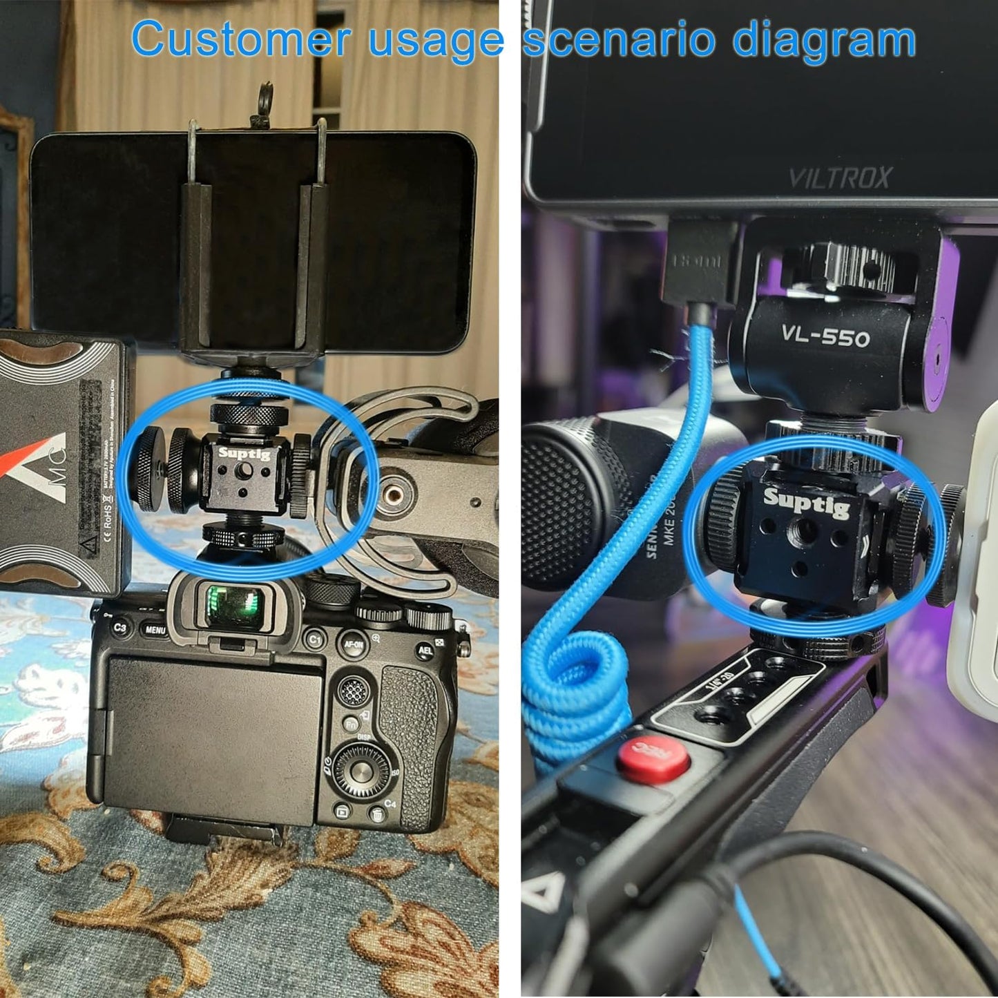 Suptig 3 Port Cold Shoe Mount with 1/4"-20 Thread for Camera Cage Flash LED Monitor Microphone etc.