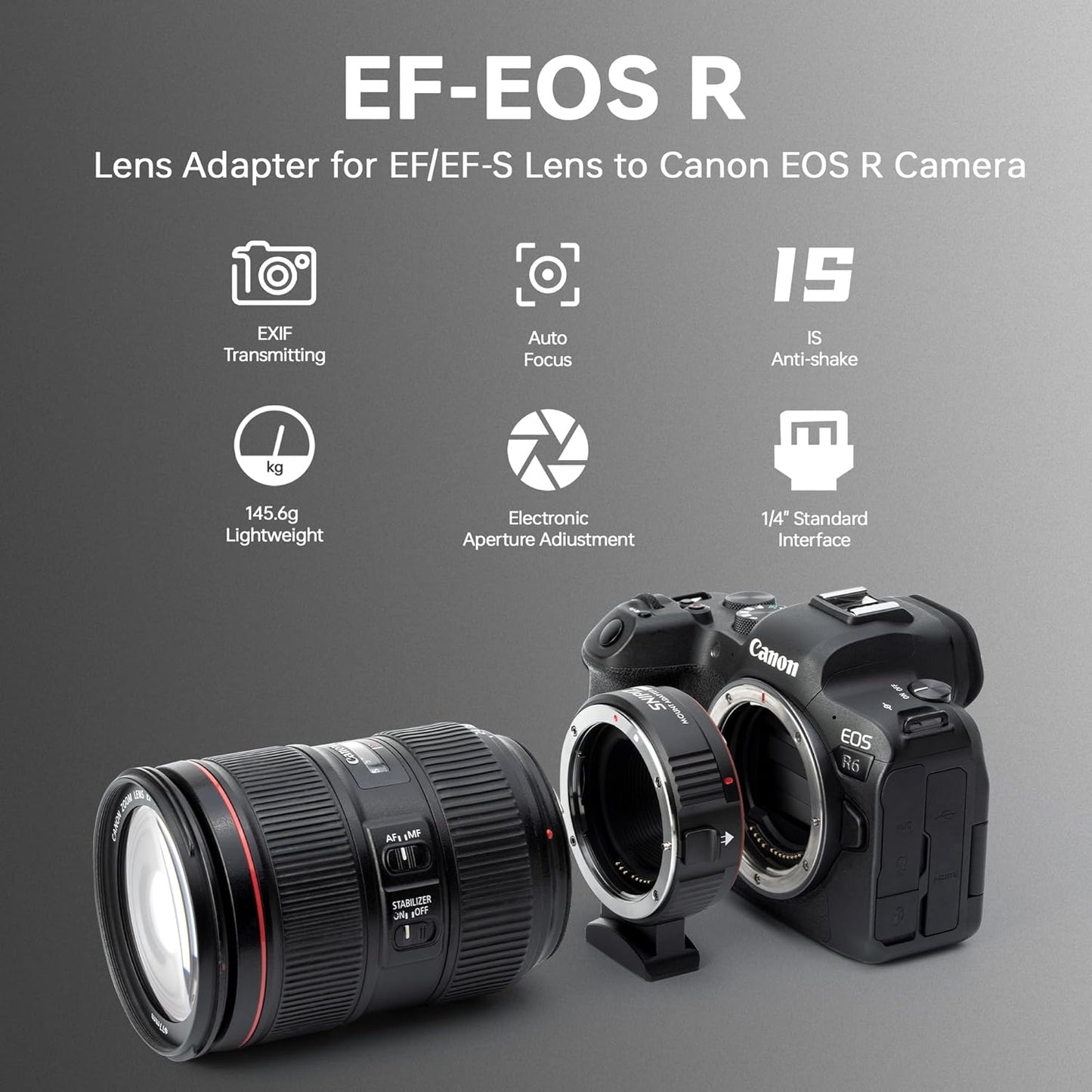 Lens Mount Adapter EF-EOS R Auto-Focus Lens Converter Compatible with Canon EF/EF-S Lens for Canon R Mount Camera EOS R, RP, R3, R5, R6, R6II, R7, R8, R10, R50, R100