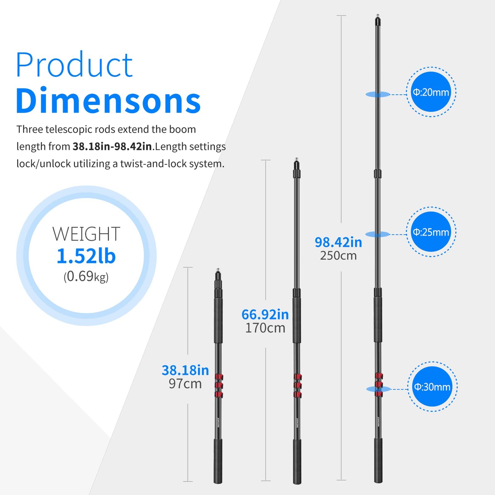 NEEWER NW-7000 Microphone Boom Arm Pole - Extendible de 3/8" a 5/8" - Imagen 3