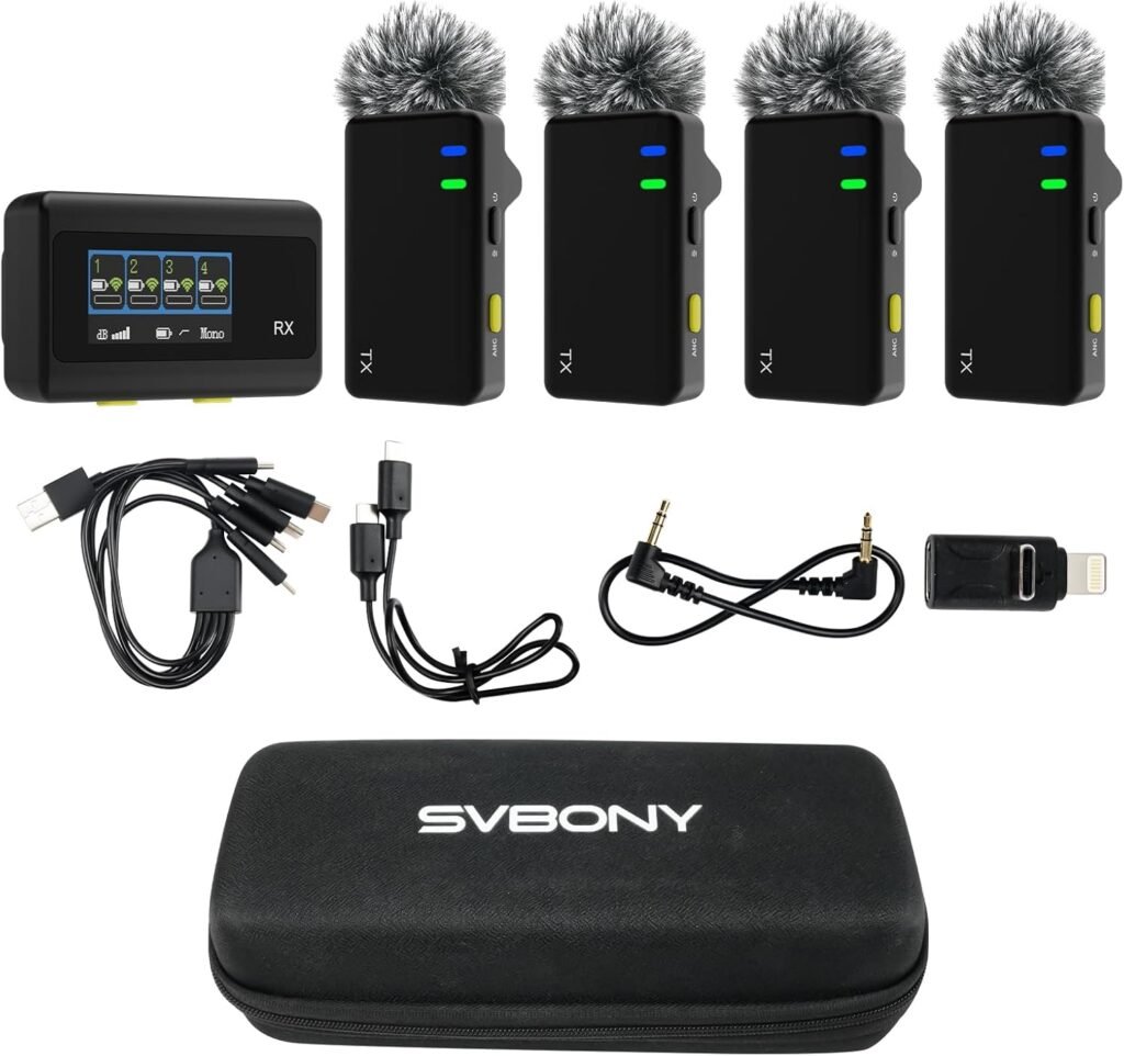 Sistema de 4 micrófonos de solapa inalámbricos, Compatible con iPhone, Android, Camera